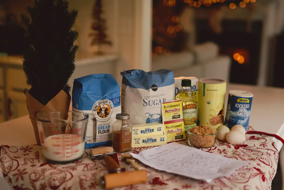 Baking ingredients laid out on a festive table