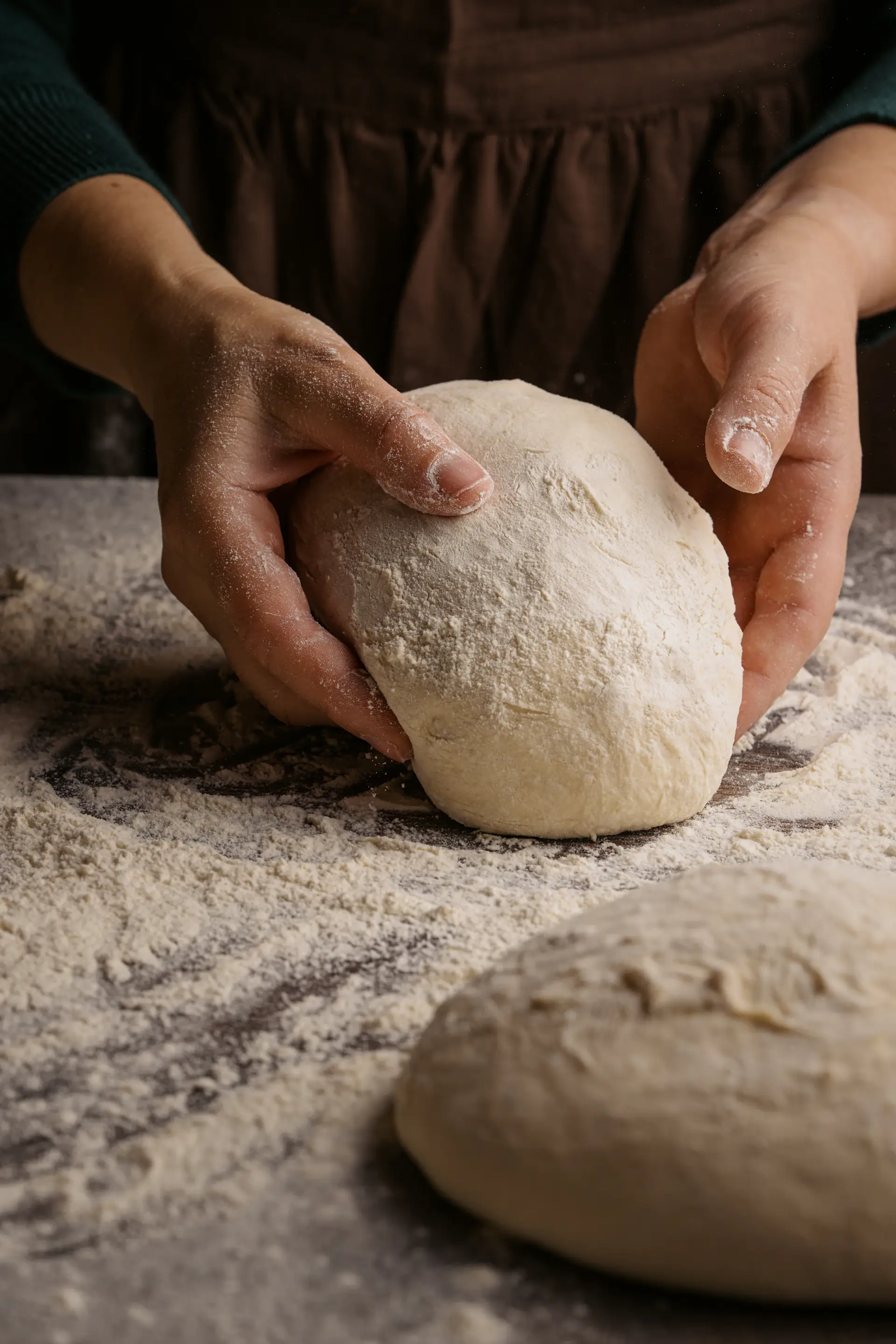 Hands shaping a ball of dough on a floured counter